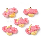 Handmade Polymer Clay Pendants, with Iron Loops, Elephant Charms, Golden, Pink, 26~27x35~36x15.5~17mm, Hole: 2.8mm(PY-CBABDB7-06A)