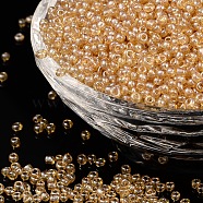Glass Seed Beads, Trans. Colours Lustered, Round, Goldenrod, 2mm, Hole: 1mm, 30000pcs/pound(SEED-A006-2mm-102B)
