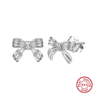 925 Sterling Silver Bowknot Stud Earrings, Real Platinum Plated, 7.5x9.5mm(STER-P065-10P)