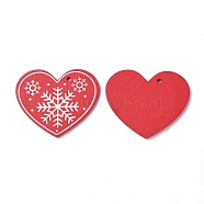 Poplar Wood Pendants, Dyed, Heart with Snowflake, Red, 51x62x3mm, Hole: 3mm(X-WOOD-O004-23A)