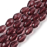 Transparent Glass Beads Strands, Faceted, Teardrop, Indian Red, 5~6x4mm, Hole: 0.9mm, about 65~67pcs/strand, 15.35~16.14 inch(39~41cm)(EGLA-N013-T4mm-D03)