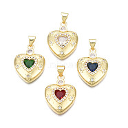 Brass Micro Pave Clear Cubic Zirconia Pendants, with Glass and Brass Snap on Bails, Nickel Free, Real 18K Gold Plated, Heart, Mixed Color, 21.5x16.5x4.5mm, Hole: 3x5mm(ZIRC-N039-211)