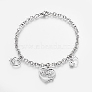 304 Stainless Steel Charm Bracelets, with Lobster Claw Clasps, Heart, Stainless Steel Color, 8-1/8 inch(20.5cm)(BJEW-E349-01P)