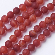 Natural Grade A Striped Agate/Banded Agate Beads Strands, Dyed & Heated, Frosted, Round, Brown, 8~8.5mm, Hole: 1.2mm, about 39pcs/strand, 14.56 inch(37cm)(G-E478-02-8mm)