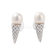 925 Sterling Silver Studs Earring, with Natural Pearl, Ice Cream, Platinum, 14x5mm(EJEW-H002-22P)