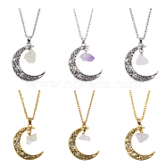 6Pcs 6 Style Synthetic Quartz Crystal & Citrine Chips Pendant Necklaces Set, Alloy Moon Necklaces, Antique Silver & Antique Golden, 19.76~23.03 inch(50.2~58.5cm), 1Pc/style(NJEW-FI0001-24)