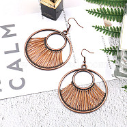Creative Design Alloy Dangle Earrings, with Yarn, Flat Round, Red Copper, Orange, 75x55mm(EJEW-F238-20B)