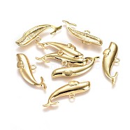 Alloy Pendants, Lead Free & Nickel Free & Cadmium Free, Fish, Real 18K Gold Plated, 14x39.5x4mm, Hole: 2.5mm(TIBEP-A040-034G-NR)