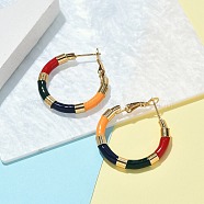 PVD Vacuum Plating 201 Stainless Steel Enamel Hoop Earrings for Women, with 304 Stainless Steel Pins, Real 18K Gold Plated, Colorful, 30x4mm, Pin: 1mm(EJEW-B016-33C)