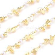 3.28 Feet Brass Chains, with Glass Beads & Hamsa Hand Charms, Soldered, White, Real 18K Gold Plated, Link: 3.8x2.5x0.4mm, Bead: 3.5mm(X-CHC-K009-10G)