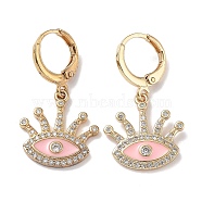 Real 18K Gold Plated Brass Dangle Leverback Earrings, with Enamel and Cubic Zirconia, Evil Eye, Pink, 30.5x16.5mm(EJEW-L269-009G-02)