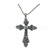 Cross Zinc Alloy Pendant Necklace, with Rhinestone, Indian Sapphire, 27.56 inch(70cm)(NF8765-06)