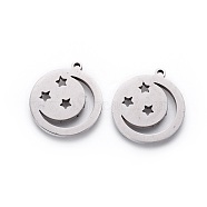 201 Stainless Steel Pendants, Manual Polishing, Flat Round with Moon and Star, Stainless Steel Color, 18x16x1.5mm, Hole: 1.2mm(STAS-F231-054P)