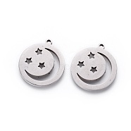 Non-Tarnish 201 Stainless Steel Pendants, Manual Polishing, Flat Round with Moon and Star, Stainless Steel Color, 18x16x1.5mm, Hole: 1.2mm(STAS-F231-054P)