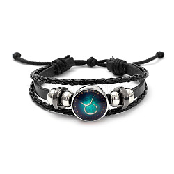 Imitation Leather Triple Layer Multi-strand Bracelets, Luminous Alloy Glass Constellations Theme Adjustable Bracelets for Men, Taurus, 5-7/8~11-3/4 inch(15~30cm)(FS-WGC42D3-04)