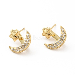 Clear Cubic Zirconia Moon and Star Front Back Stud Earrings, Brass Jewelry for Women, Cadmium Free & Lead Free, Real 18K Gold Plated, 16mm, Pin: 0.7mm(EJEW-B013-16)