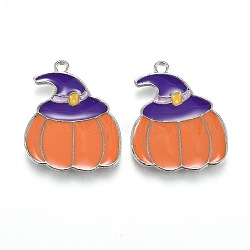 Autumn Theme Alloy Enamel Pendants, Orange Pumpkin with Purple Magic Hat, Platinum, 22x18.5x1.5mm, Hole: 1.6mm(X-ENAM-J649-07P)