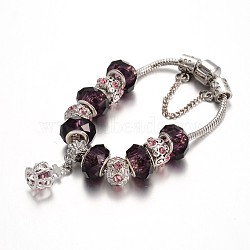 Alloy Rhinestone Bead European Bracelets, with Glass Beads and Brass Chain, Indigo, 180mm(BJEW-L602-25)