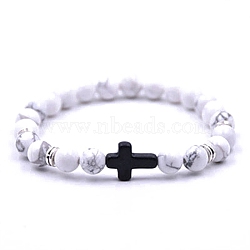 Natural Howlite Stretch Bracelet with Cross Beaded, Inner Diameter: 2-3/8 inch(6cm)(PW-WG63929-01)