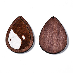 Eco-Friendly Cowhide Leather Pendants, with Dyed Wood, Teardrop with Leopard Print, Sienna, 46x32.5x4mm, Hole: 1.2mm(FIND-S301-33C-14)