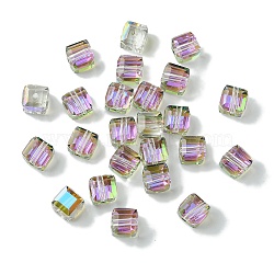 100Pcs Transparent Electroplate Glass Beads, Half Rainbow Plated, Faceted, Cube, Plum, 7x7x7mm, Hole: 1.6mm(GLAA-K064-08A-HR02)