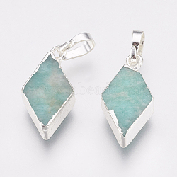Natural Amazonite Pendants, with Brass Findings, Rhombus, Silver Color Plated, 18x9x4~4.5mm, Hole: 4x6mm(KK-G343-17S)