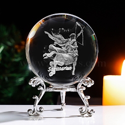 Inner Carving Constellation Glass Crystal Ball Diaplay Decoration, with Metal Holder, Fengshui Home Decor, Sagittarius, 80mm(PW-WG84004-11)