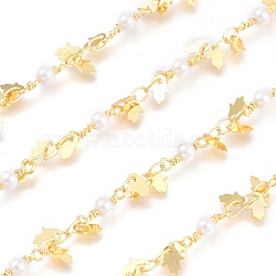 3.28 Feet Brass Chains, with Glass Beads & Hamsa Hand Charms, Soldered, White, Real 18K Gold Plated, Link: 3.8x2.5x0.4mm, Bead: 3.5mm(X-CHC-K009-10G)