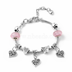 Alloy Heart Charm European Bracelet with Snake Chains, Plastic Round & Butterfly Beaded Bracelet for Women, Pearl Pink, 7.87 inch(20cm)(BJEW-JB08046-01)