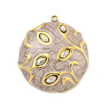 Ion Plating(IP) 304 Stainless Steel Rhinestone Pendants, with Enamel, Real 18K Gold Plated, Half Round with Eye Charm, BurlyWood, 27x24.5x6mm, Hole: 1.4mm