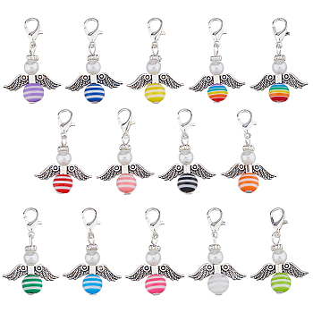 84Pcs 14 Colors ABS Plastic Imitation Pearl Pendant Decoration, Angel, with Resin & Silver Alloy Lobster Claw Clasps, Mixed Color, 34mm, 6pcs/color