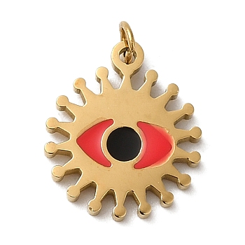 304 Stainless Steel Charms, with Enamel and Jump Ring, Real 14K Gold Plated, Sun with Eye Charm, Red, 11.8x10x1.1mm, Hole: 1.4mm