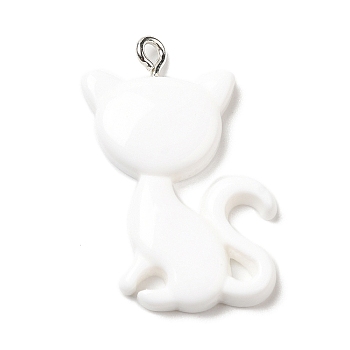 Opaque Resin Pendants, Cat Shaped Charms with Platinum Tone Iron Loops, White, 30~30.5x21x4~5mm, Hole: 2mm