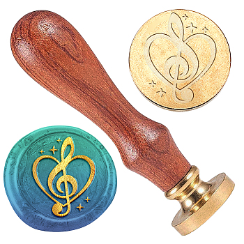 Wax Seal Stamp Set, Golden Tone Sealing Wax Stamp Solid Brass Head, with Retro Wood Handle, for Envelopes Invitations, Gift Card, Musical Note, 83x22mm, Stamps: 25x14.5mm