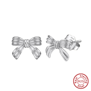 925 Sterling Silver Bowknot Stud Earrings, Real Platinum Plated, 7.5x9.5mm