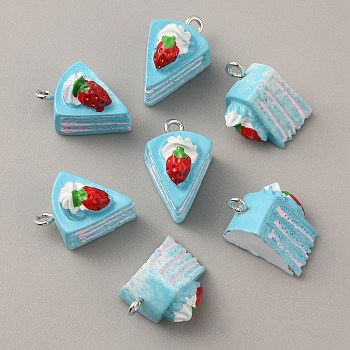 Opaque Resin Pendants, with Platinum Tone Iron Loops, Imitation Food, Strawberry Cake Charms, Light Sky Blue, 19.5x13x12.5mm, Hole: 2mm