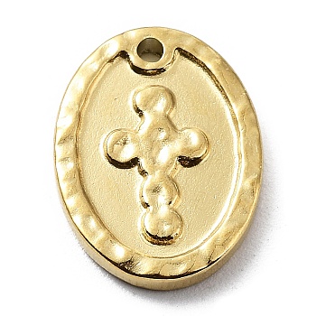 304 Stainless Steel Pendants, Oval with Cross Charm, Golden, 15.5x11.5x2mm, Hole: 1.2mm