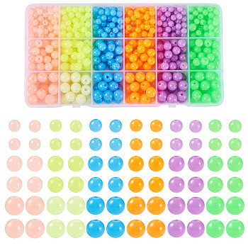 702Pcs 18 Styles Luminous Acrylic Beads, Glow in the Dark, Round, Mixed Color, 6~10mm, Hole: 1.6~2.5mm