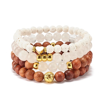 4Pcs 4 Style Natural Quartz Crystal & Lava Rock & Wood Round Beaded Stretch Bracelets Set with Heart, Oil Diffuser Power Yoga Jewelry for Women, White, Inner Diameter: 2-1/8~2.26 inch(5.5~5.75cm), 1pc/style