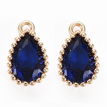Brass Inlaid Cubic Zirconia Charms, Nickel Free, Long-Lasting Plated, Real 18K Gold Plated, Teardrop, Dark Blue, 8x5x2mm, Hole: 0.8mm