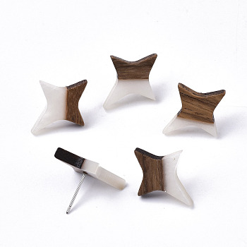 Resin & Walnut Wood Stud Earrings, with 304 Stainless Steel Pin, Star, Creamy White, 21x17~18mm, Pin: 0.7mm