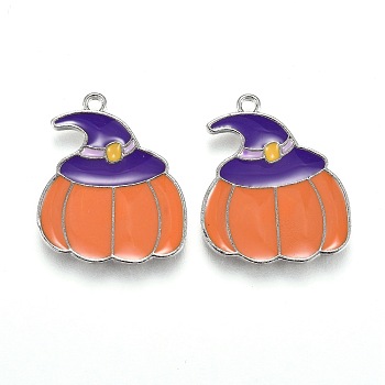 Autumn Theme Alloy Enamel Pendants, Orange Pumpkin with Purple Magic Hat, Platinum, 22x18.5x1.5mm, Hole: 1.6mm