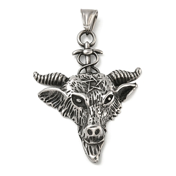 316 Surgical Stainless Steel Big Pendants, Cattle Head Charm, Antique Silver, 55x42.5x6.5mm, Hole: 4.5x8.5mm