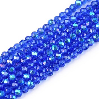 Electroplate Glass Beads Strands, Half Rainbow Plated, Faceted, Rondelle, Medium Blue, 2.9~3.3x2mm, Hole: 0.8mm, about 148~150pcs/strand, 39.5~40cm