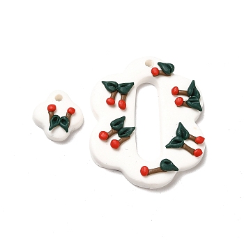 Handmade Polymer Clay Pendants Sets, Flower with Cherry Charm, Snow, 12x12x5mm, Hole: 2mm, 2pcs/set