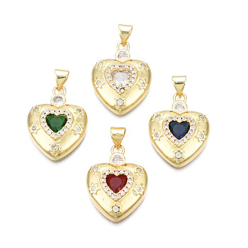 Brass Micro Pave Clear Cubic Zirconia Pendants, with Glass and Brass Snap on Bails, Nickel Free, Real 18K Gold Plated, Heart, Mixed Color, 21.5x16.5x4.5mm, Hole: 3x5mm