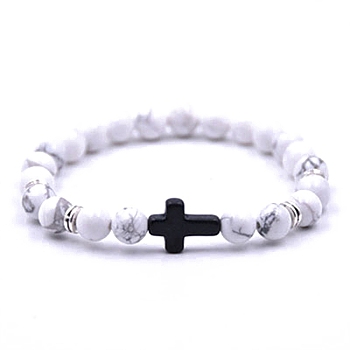 Natural Howlite Stretch Bracelet with Cross Beaded, Inner Diameter: 2-3/8 inch(6cm)