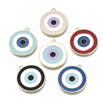 Alloy Enamel Pendants, Cadmium Free & Lead Free, Light Gold, Flat Round with Vortex, Mixed Color, 27.5x25x2mm, Hole: 1.8mm