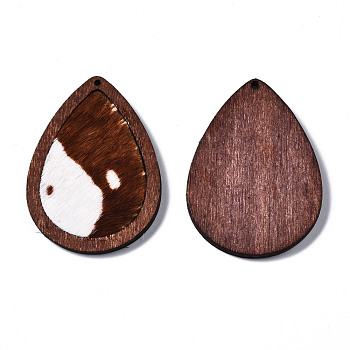 Eco-Friendly Cowhide Leather Pendants, with Dyed Wood, Teardrop with Leopard Print, Sienna, 46x32.5x4mm, Hole: 1.2mm