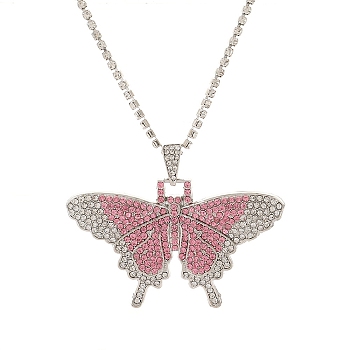 Butterfly Rhinestone Pendant Necklaces, with Platinum Alloy Chains, Light Rose, 18.31 inch(46.5cm)